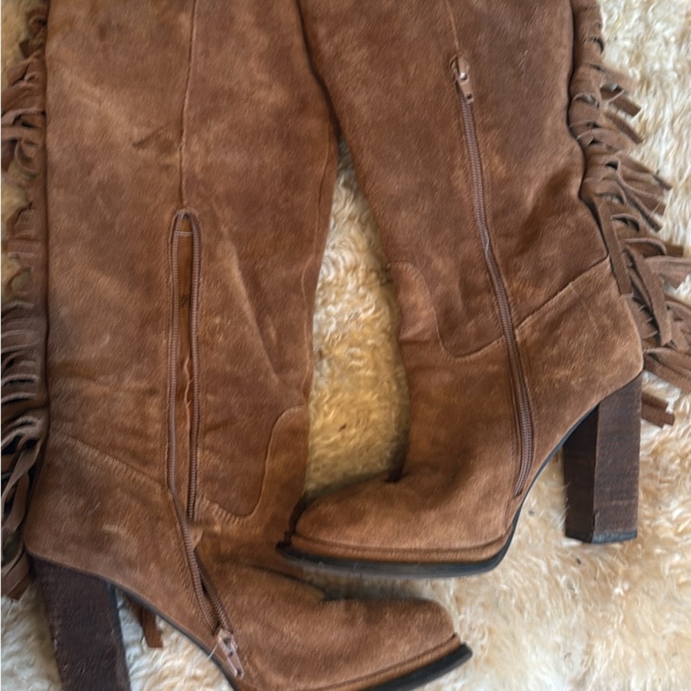 Jeffrey Campbell Brown Suede Over-the-Knee Fringe Boots